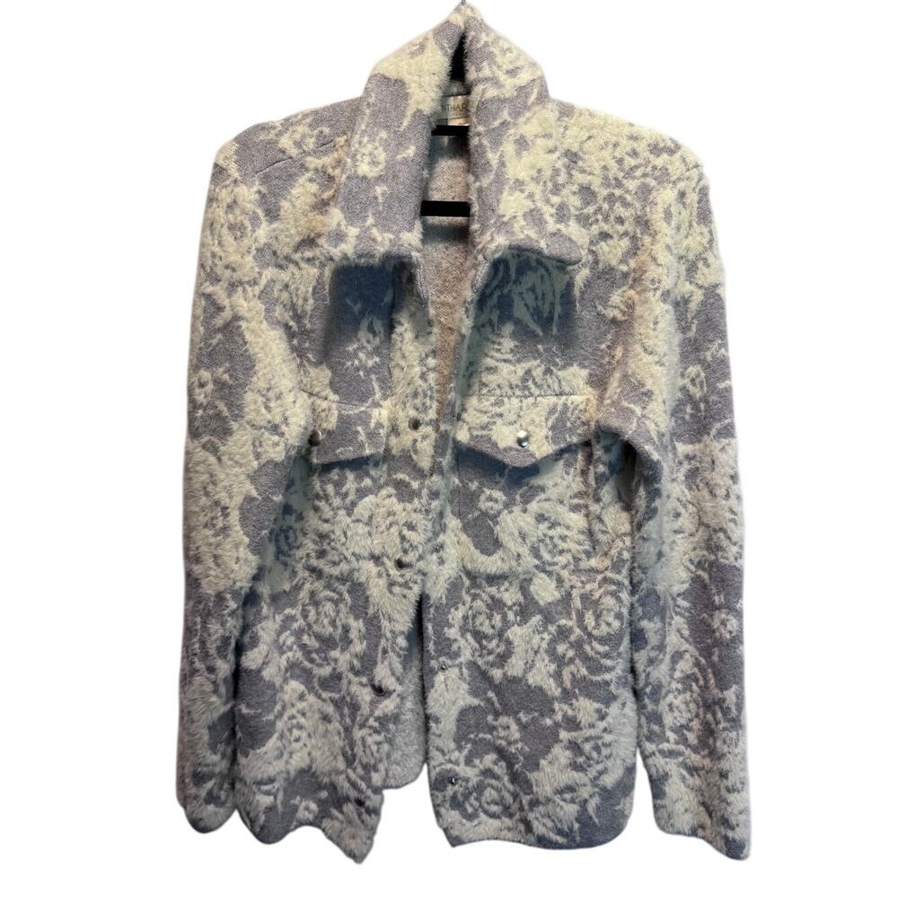 Cynthia Rowley Floral Fuzzy Shacket Jacket Large Grey White Knit Snap Button